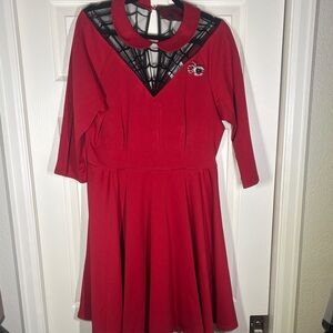 Unique Vintage Red Dress with Black Spiderweb Lace Detail and Spider Brooch